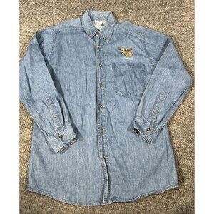 Vtg Denim Shirt Top Button Up Embroidered Alaska Moose Size M Blue 100% Cotton